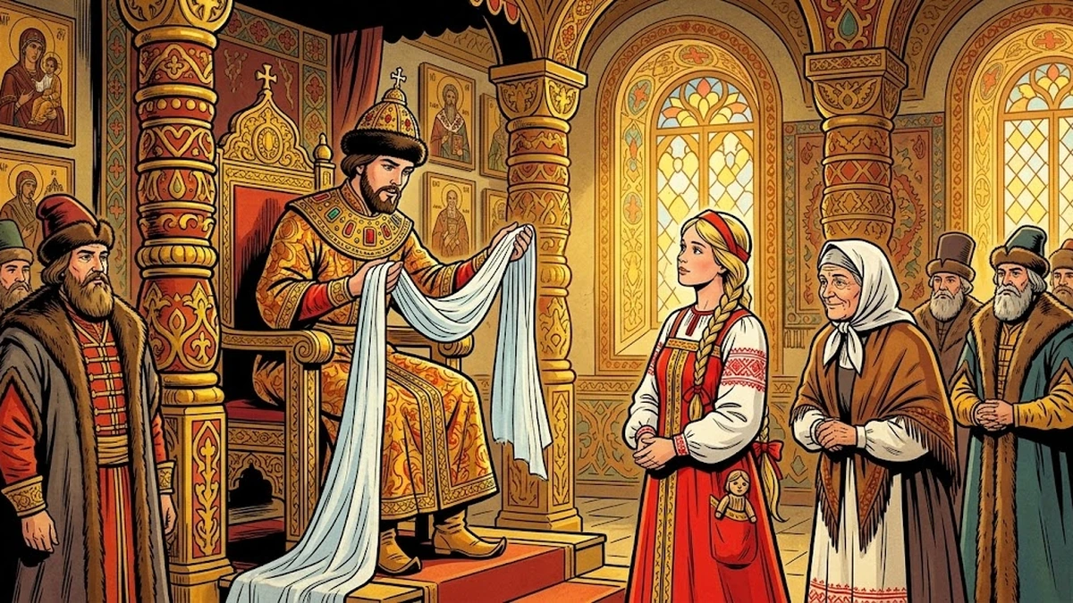 Vasilisa presents the impossibly fine spun linen cloth to the bearded young Russian Tsar in his gilded throne hall as boyars watch