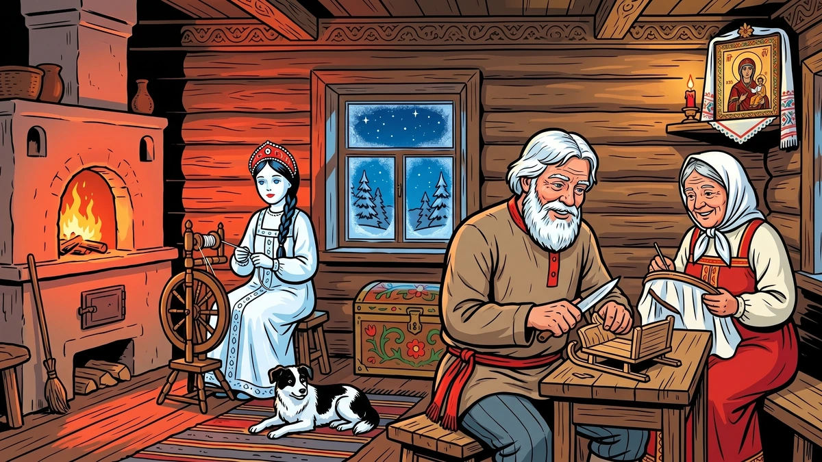 Ivan and Marya making Snegurochka snow daughter in the snowy yard — Russian folk tale ACK illustration
