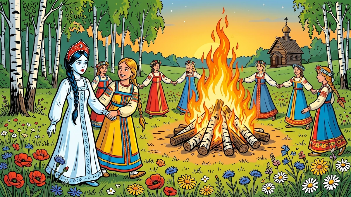 Snegurochka the snow girl at the spinning wheel inside the Russian izba cottage — ACK illustration