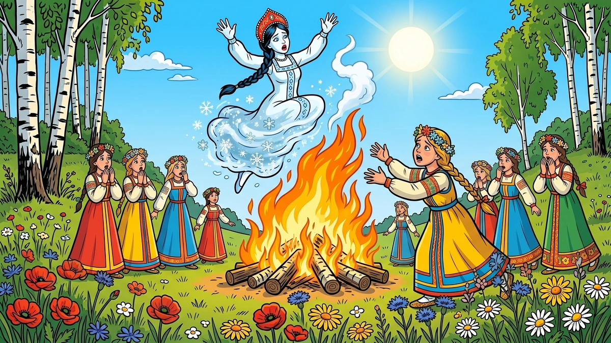 Snegurochka at the Kupala bonfire khorovod round-dance with Russian village girls — ACK illustration