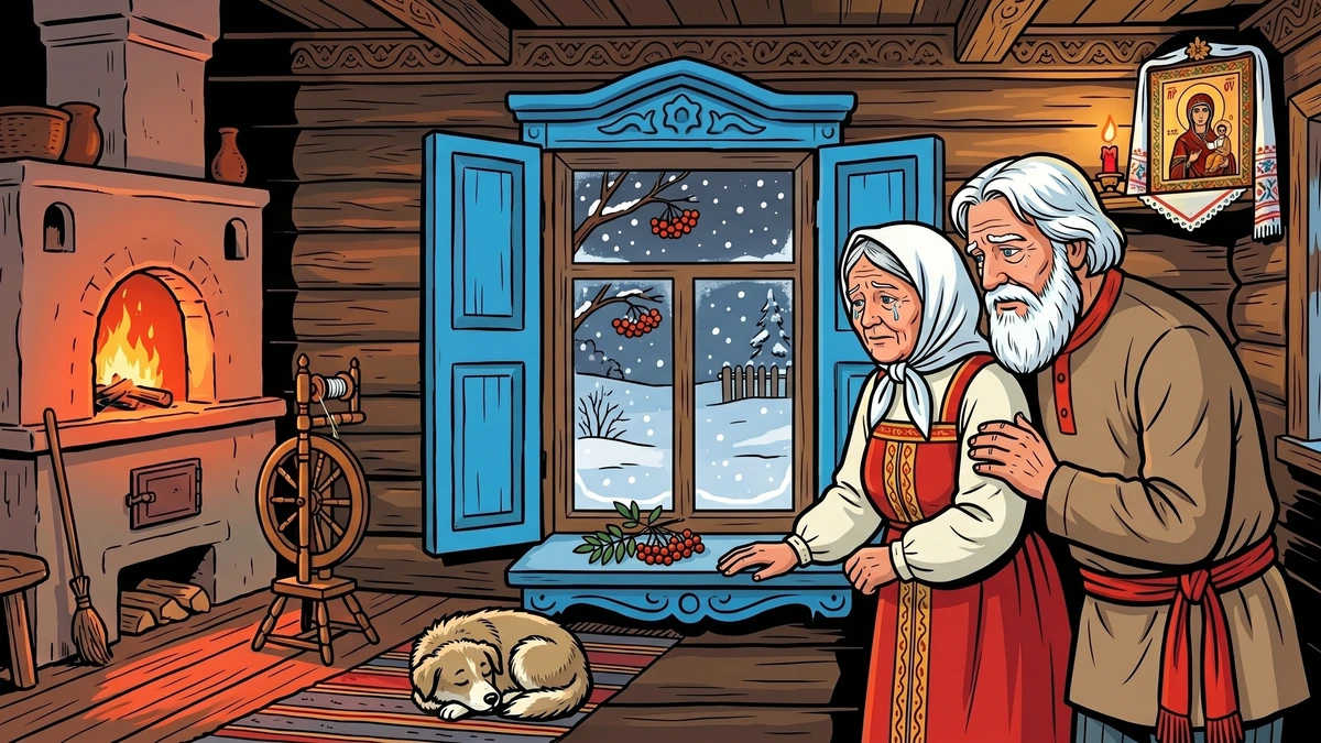 Ivan and Marya at the window of their izba cottage as the first new winter snow falls — ACK illustration