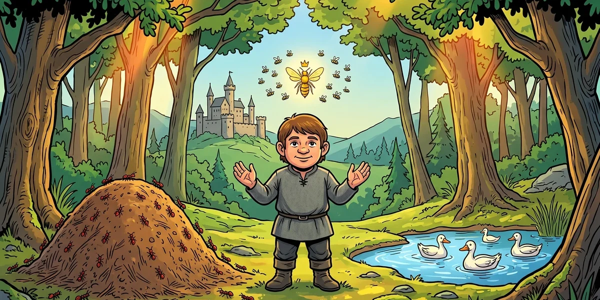 ACK comic illustration of the dwarfish young Dummling in a grey woolen tunic standing in a sunlit medieval German forest clearing, with a swarming red anthill, a duck-pond with three white ducks, and a glowing crowned queen bee hovering above him, a stone castle in the distance — Brothers Grimm Die Bienenkönigin / The Queen Bee KHM 62.