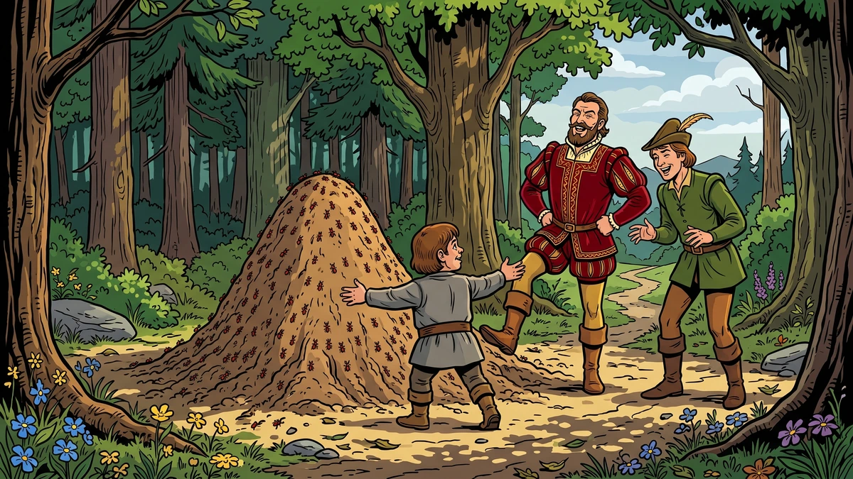 ACK comic illustration of the youngest brother in grey tunic stepping protectively between his two laughing elder princes (red doublet, green tunic) and a tall earthen anthill swarming with red ants on a forest path in medieval Hessian Germany — first mercy in The Queen Bee.
