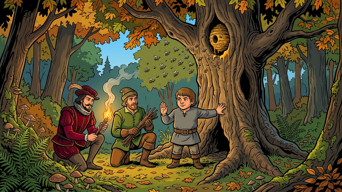 ACK comic illustration of the dwarfish youngest brother shielding a wild bees' nest in a hollow oak tree from his two older brothers who crouch with a flaming torch — second mercy in Brothers Grimm The Queen Bee, late afternoon golden light.