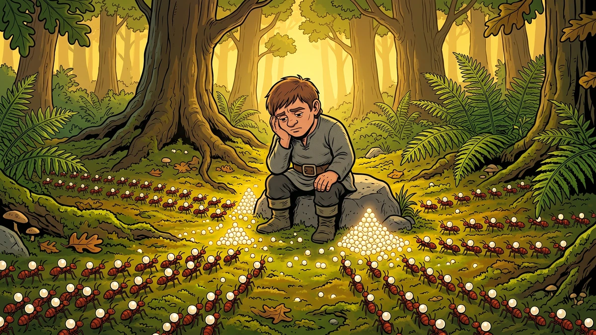 ACK comic illustration of Dummling sitting wearily on a grey stone in a mossy forest at golden hour as long marching columns of red ants stream toward him carrying shining white pearls heaped in glowing pyramids at his feet — first impossible task gathering a thousand pearls in The Queen Bee.