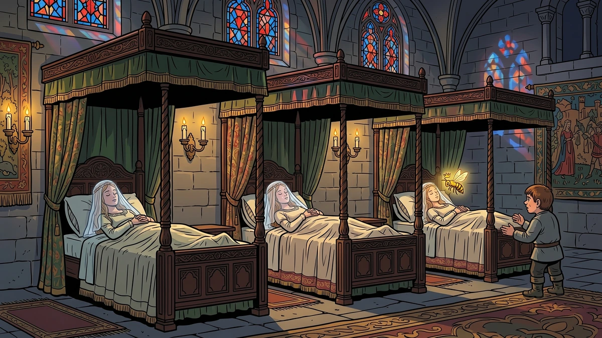 ACK comic illustration of a medieval German castle bedchamber with three identical canopied four-poster beds and three sleeping veiled princesses, the dwarfish youngest brother in grey tunic at the foot of the third bed as a glowing crowned queen bee alights on the youngest princess's lips — third task in Brothers Grimm The Queen Bee.