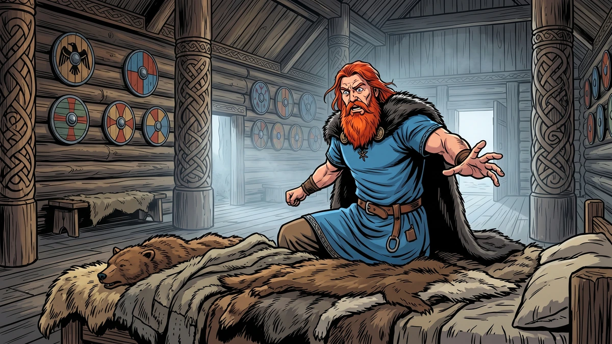 Thor wakes in his hall and gropes for his missing hammer Mjolnir, vibrant Amar Chitra Katha style