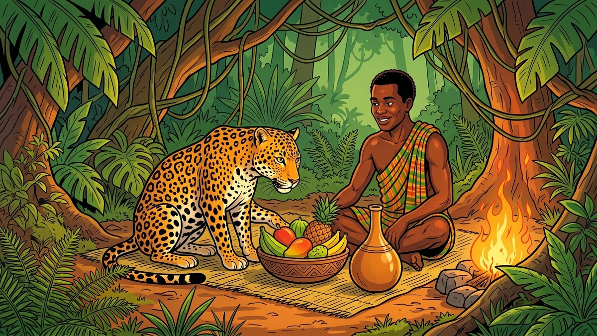 The Akan hunter sits as a welcomed guest beside the friendly leopard in its forest den