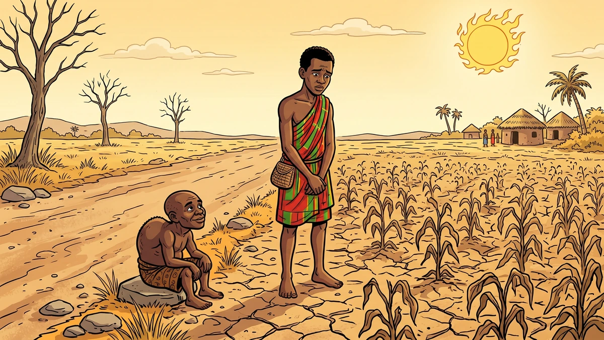 Kweku Tsin, an Akan farmer, meets the tiny hunchbacked dwarf beside his dry field on the Gold Coast
