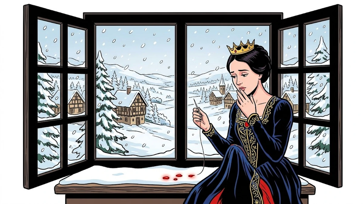 Snowdrop scene 1: the Hessian queen at the ebony casement window, three drops of blood on the snow, wishing for a daughter as snow falls