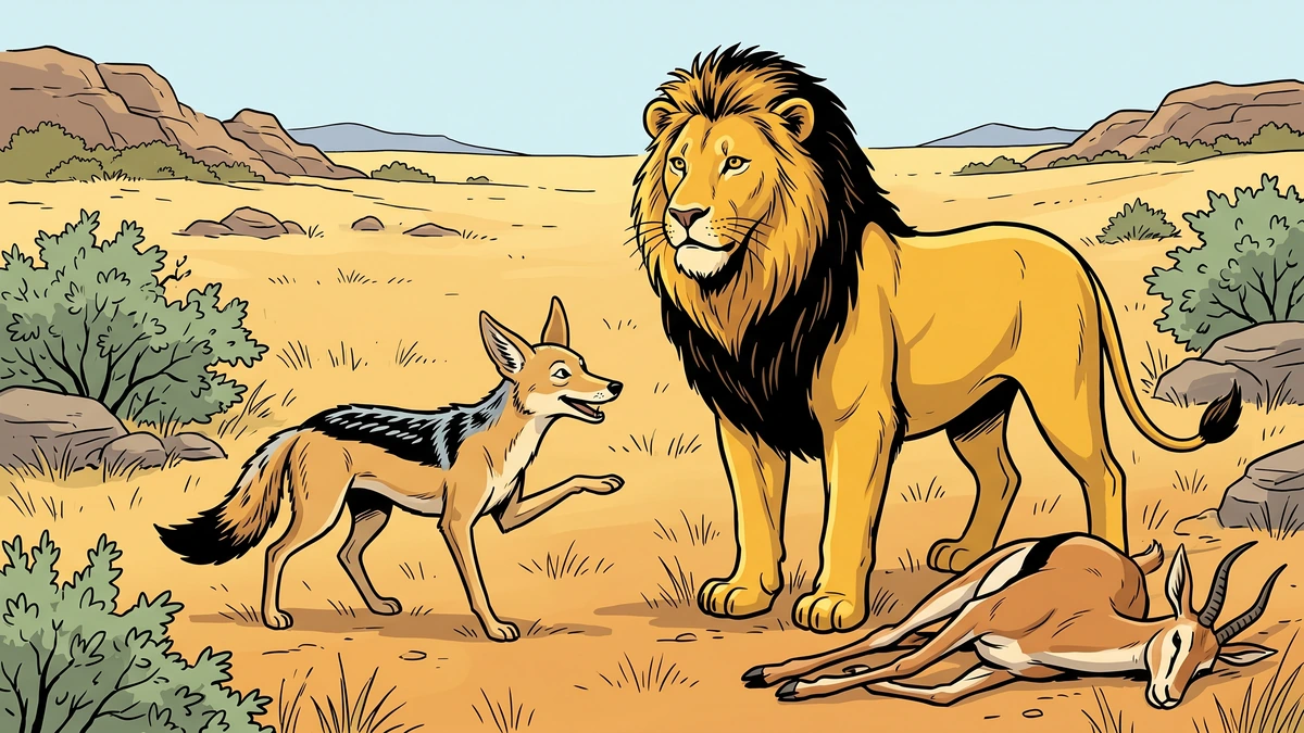 ACK-style illustration of a lion and a black-backed jackal making a hunting agreement on the South African veld