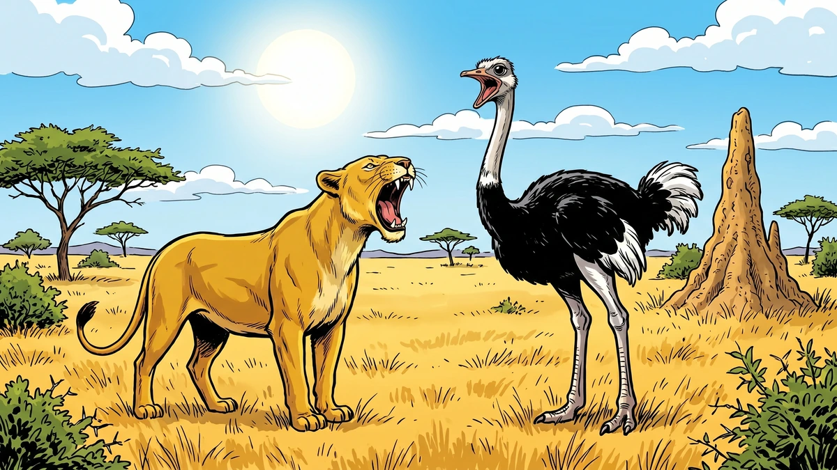 A golden lioness and a tall black-and-white ostrich roaring at one another across the golden African veld