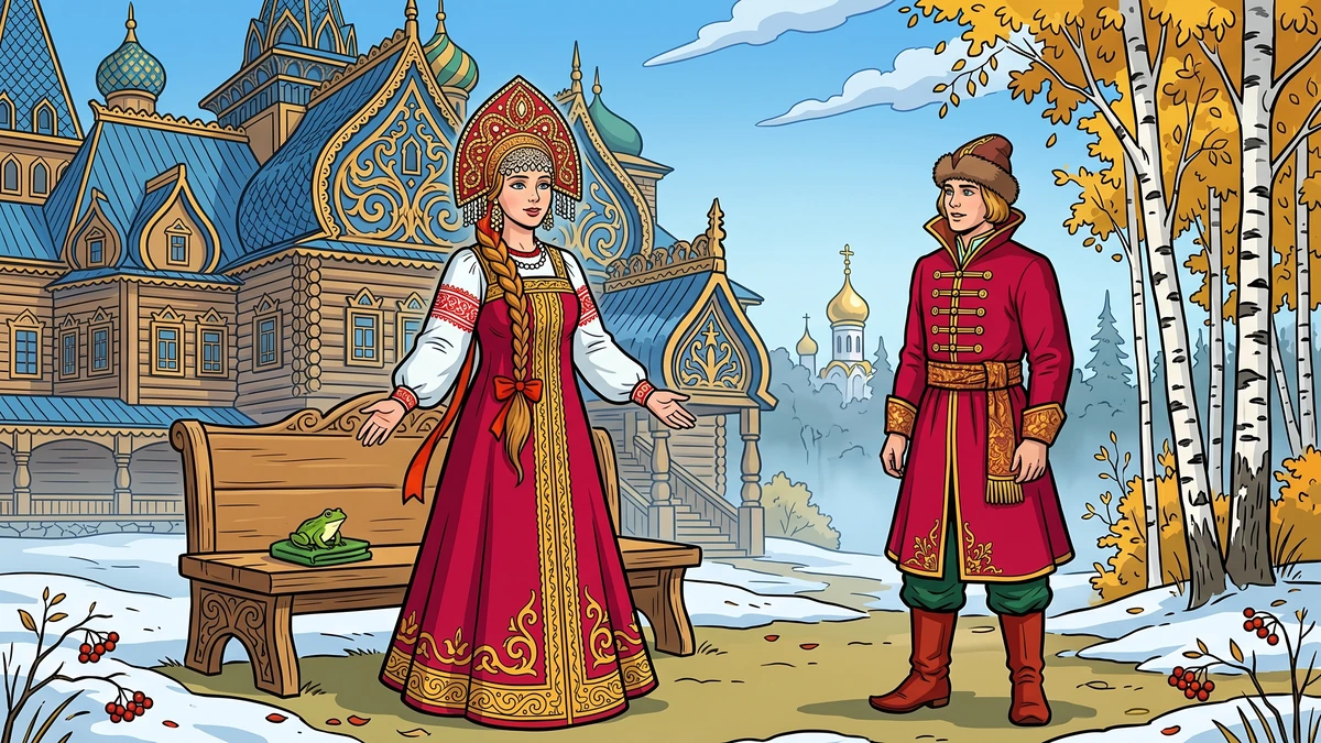 Vasilisa the Wise and Ivan Tsarevich at the wooden tsar's palace with the frog on the bench, ACK style colour illustration of the Russian Tsarevna Frog tale