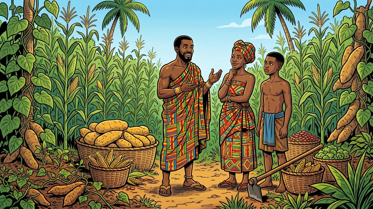 Egya Anansi speaks slyly to his wife and teenage son among the rich harvest of yams, maize and beans on their Gold Coast farm