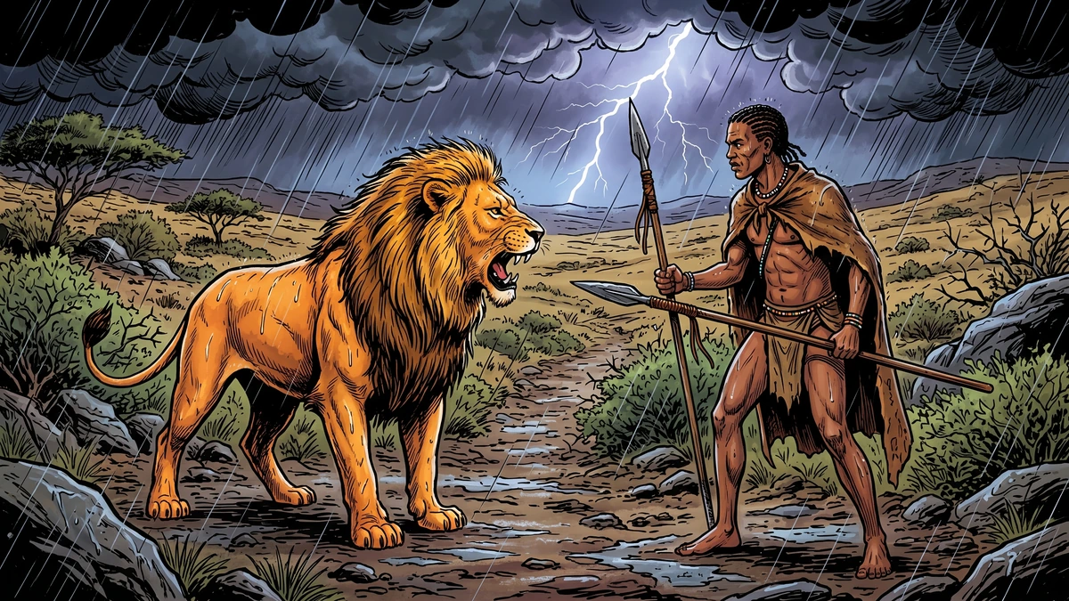 Comic-style illustration of a young lion and a Khoikhoi herdsman meeting face to face on a narrow veld path during a thunderstorm.