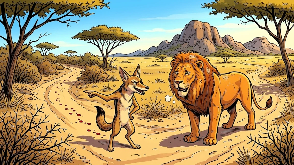 Khoikhoi folk tale Lion's Share: the cunning jackal lays a false blood trail to mislead the trusting old lion in the South African veld