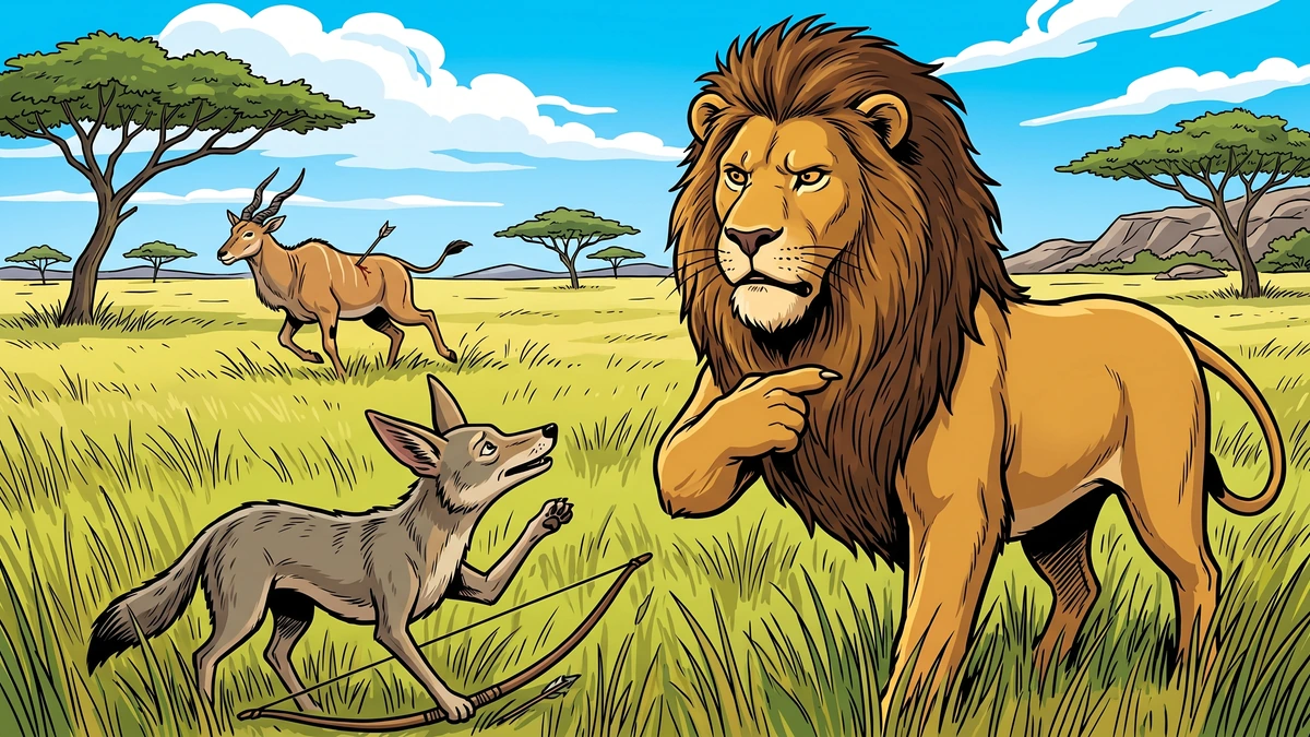 A jackal lowers his bow and bows respectfully to a proud lion who points at his own chest, as a wounded eland runs off in the savanna grass