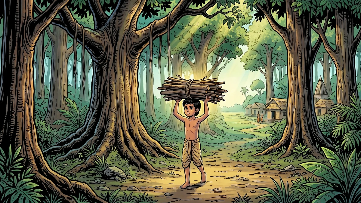 Young Dhruva carries a bundle of firewood on his head through the forest – The Magic Drum folk story illustration