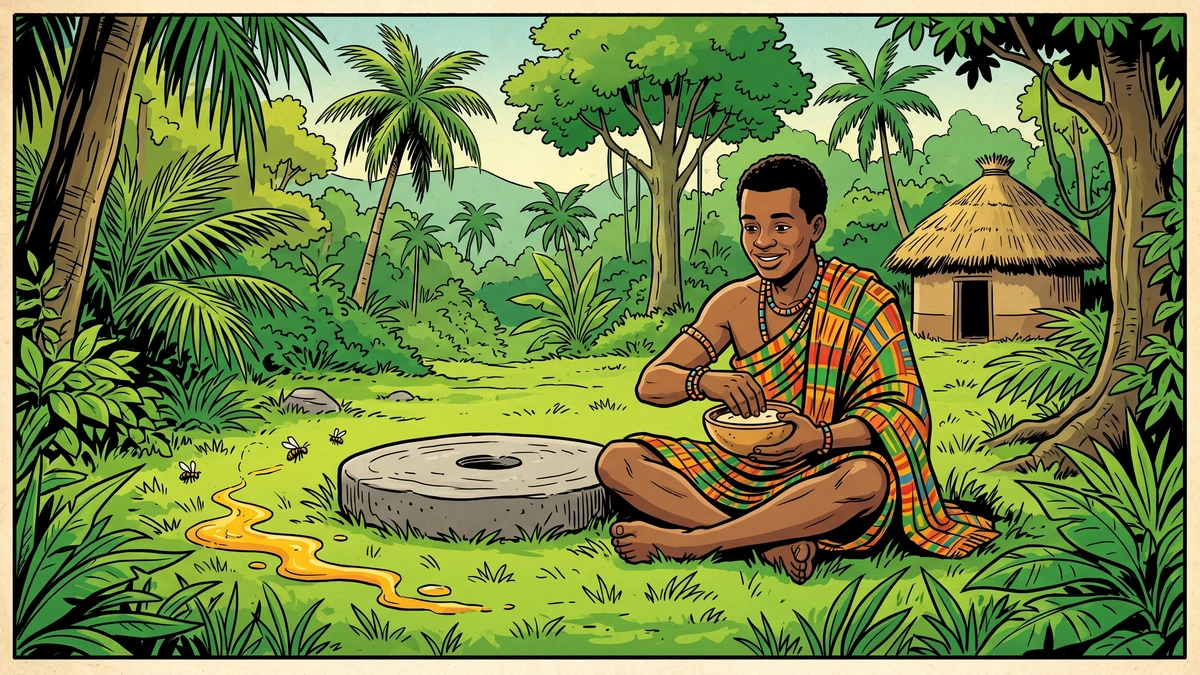 Kofi the kind Akan hunter eating happily beside the magic grinding-stone in the forest, West African folk tale, vibrant ACK style