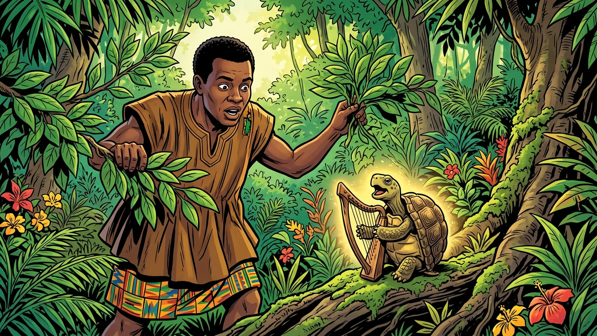 An Akan hunter parting forest branches and discovering a tortoise singing and playing a tiny harp, West African folk tale, vibrant ACK style