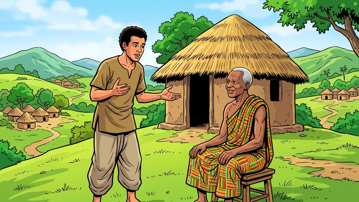 The eager young seeker asks the wise village Elder what the most important thing to do in life is, ACK-style folk-tale illustration.