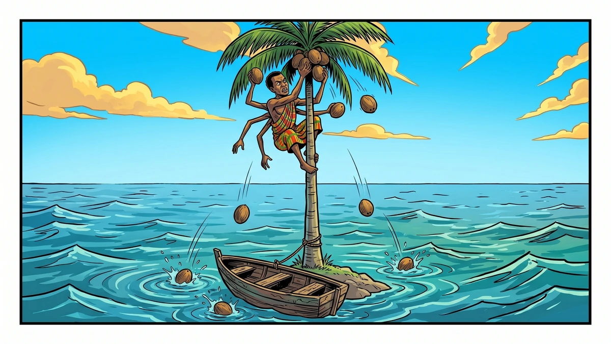 Anansi clings to a tall palm tree growing from the sea, dropping coconuts that miss his boat, in the West African folk tale Thunder and Anansi.