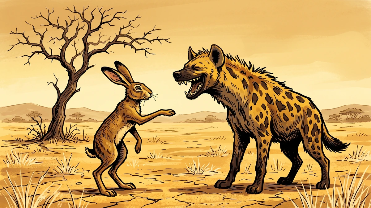 The hare and the hyena seal their famine pact beneath a bare acacia tree, the hyena laughing hungrily