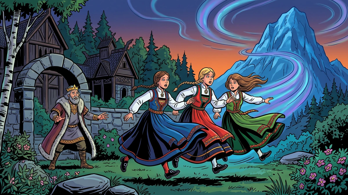 The three princesses drawn by a swirling magical force toward the looming Blue Mountain from the royal palace garden as the king watches helplessly - Norwegian wonder-tale, ACK style