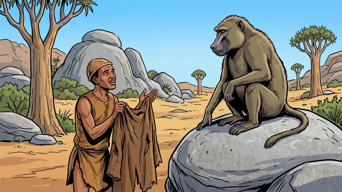 Itkler the Nama tailor holds up his torn cloak and lays his complaint before Baboon, the appointed judge, in the Namaqualand veld.