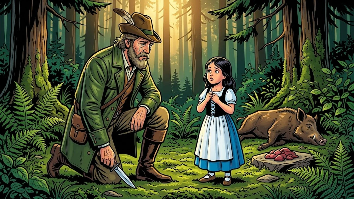 Snowdrop scene 2: the huntsman's pity in the dark fir forest, kneeling and weeping before young Snowdrop, hunting knife forgotten in the moss