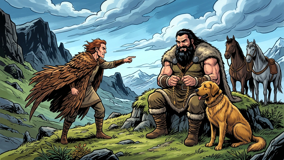 Loki in a falcon-feather cloak confronts the giant Thrym in Jotunheimr, vibrant Amar Chitra Katha style