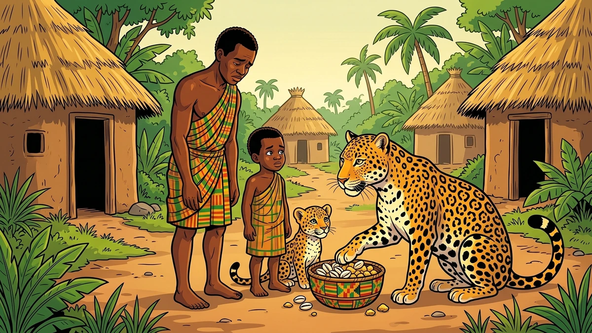 The leopard and its cub bring a basket of cowrie shells to console the grieving Akan hunter and his son