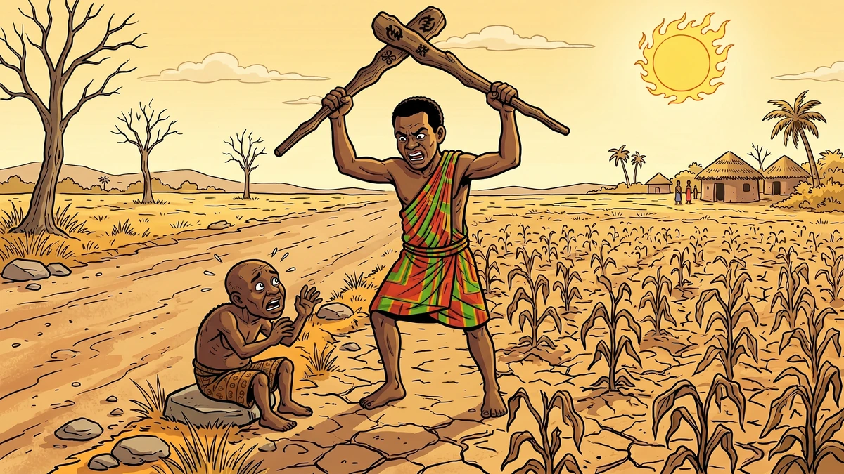 Anansi raises two large sticks over the rain-bringing dwarf at his farm in an Amar Chitra Katha style illustration