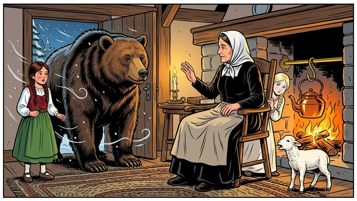 The great brown bear pushes his head into the widow's snowbound cottage door asking for shelter, Brothers Grimm KHM 161, Amar Chitra Katha style illustration