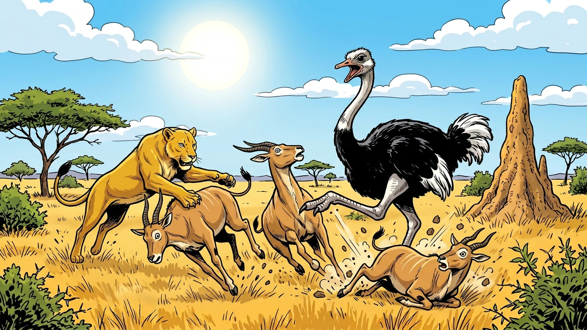 The ostrich striking down many eland antelopes with the claw on its leg while the lioness pounces on a single eland