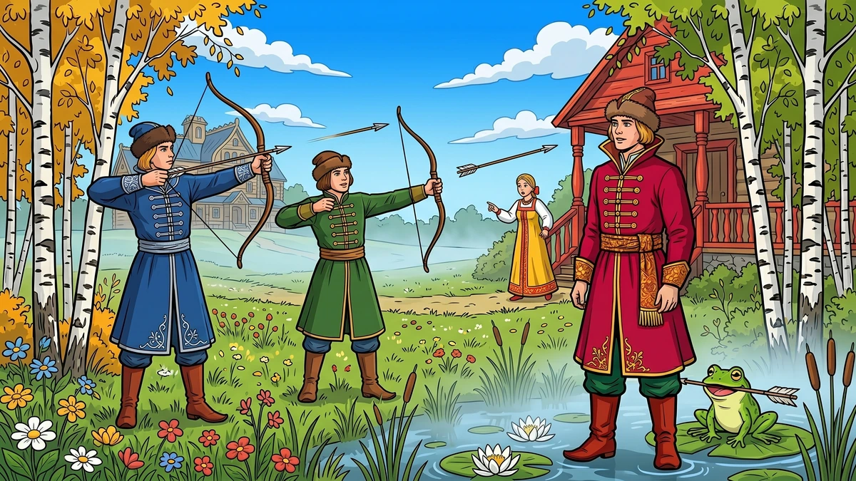 The three tsareviches draw their bows; the youngest's arrow lands in the reedy swamp where the small green frog waits, Russian folk tale ACK illustration