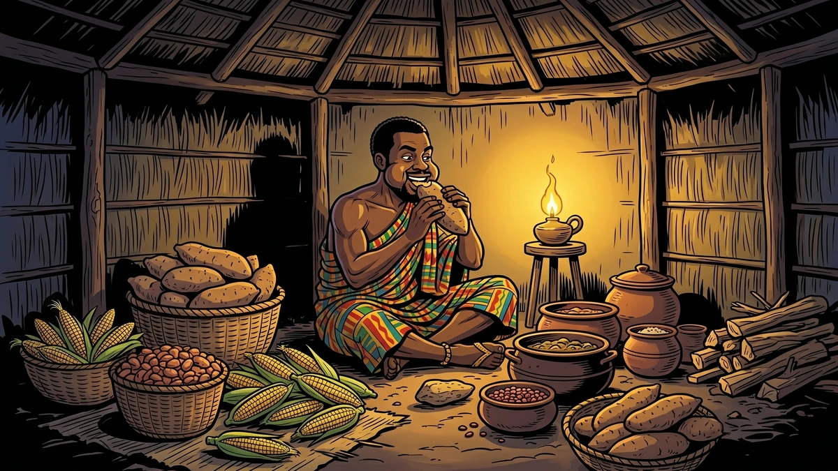 Anansi feasts alone and greedily by lamplight inside his hidden hut, surrounded by the hoarded harvest