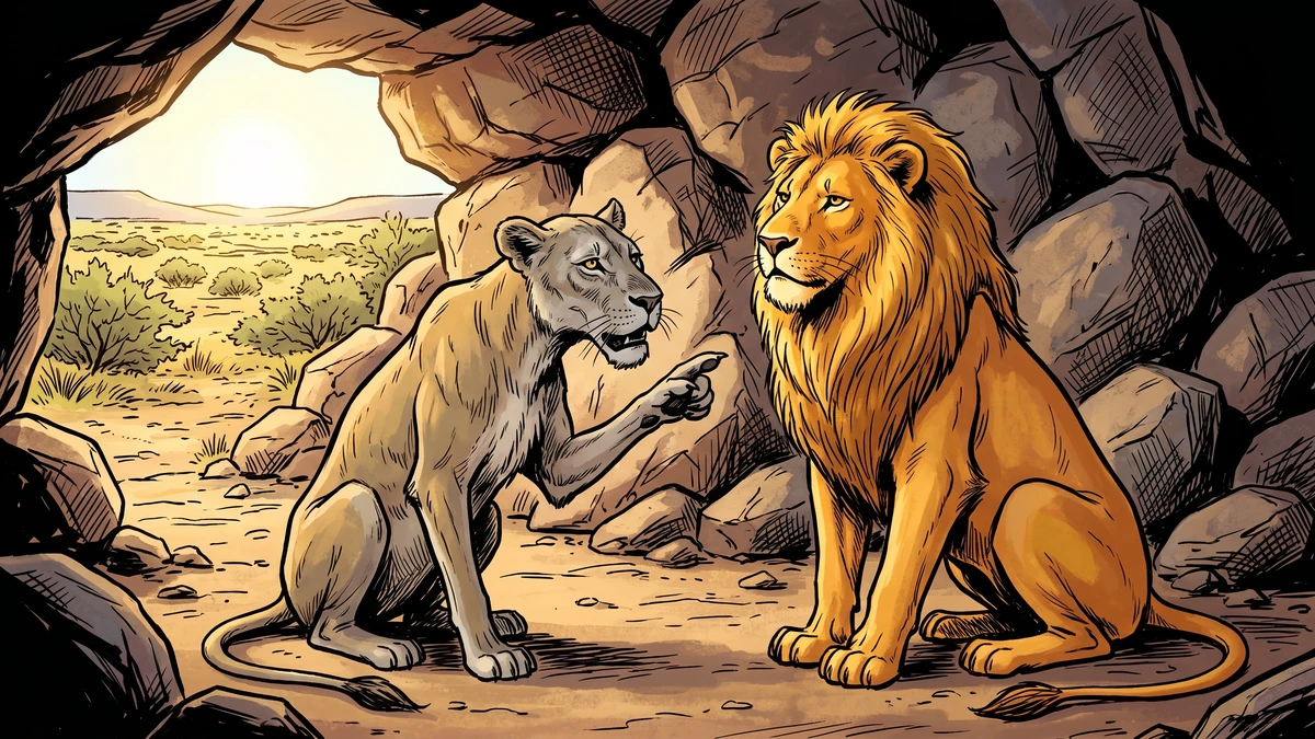The old grey-muzzled lioness leans toward her son in a rocky den, gravely warning him about the Man.
