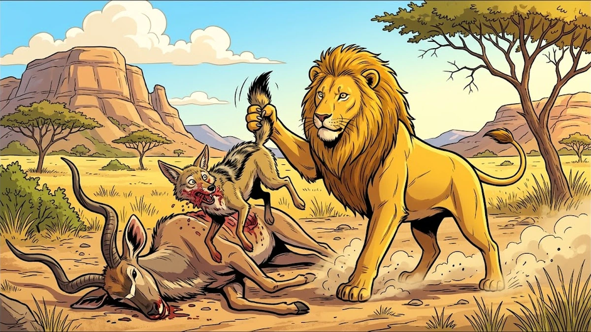The lion hauls the jackal out of the antelope carcass by its tail after catching him stealing the best meat