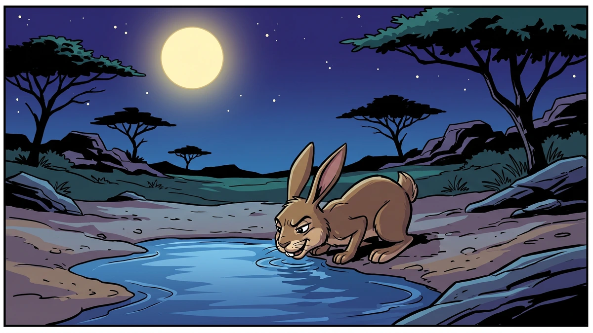 The rabbit drinks alone at a moonlit pool of water in the dry riverbed at night