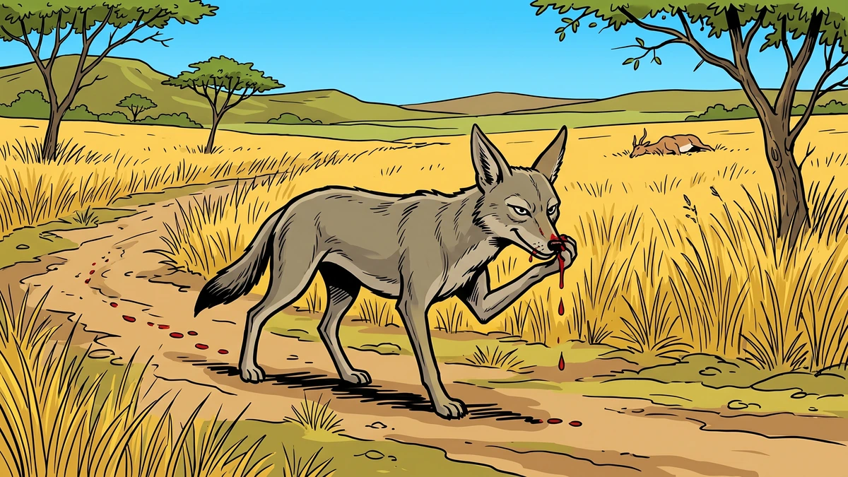 A lone jackal touches his bleeding nose and lets drops of blood fall along a dusty trail to forge a false spoor