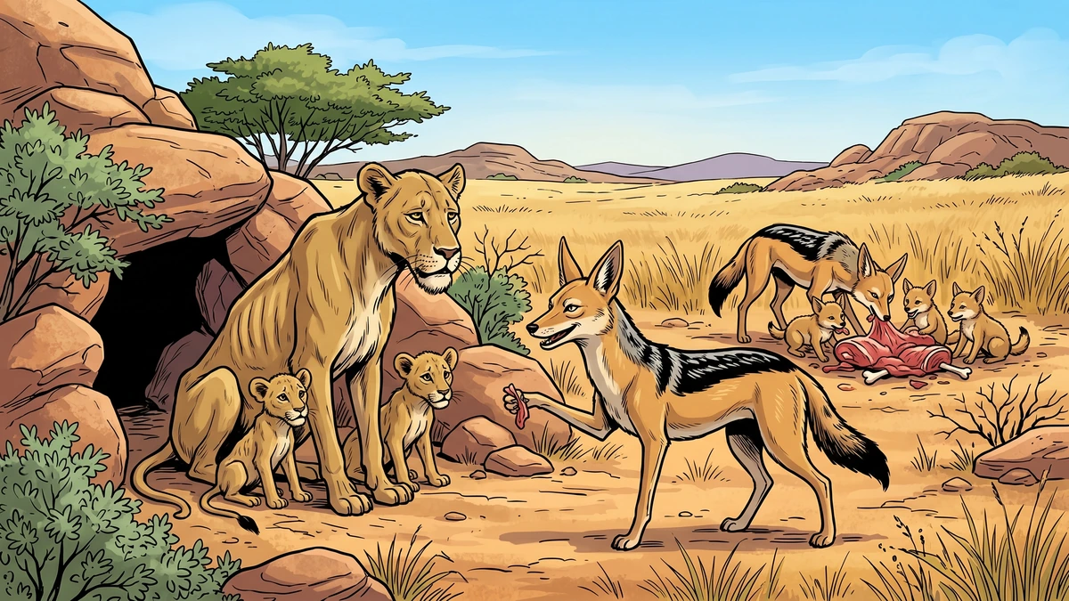 ACK-style illustration of a gaunt starving lioness and cubs at a den while the jackal's family feasts