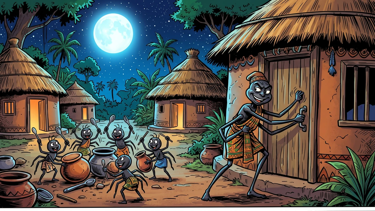 Greedy Anansi the spider waking his cousin at night while spider children bang cooking pots, Akan folk tale, vibrant ACK style