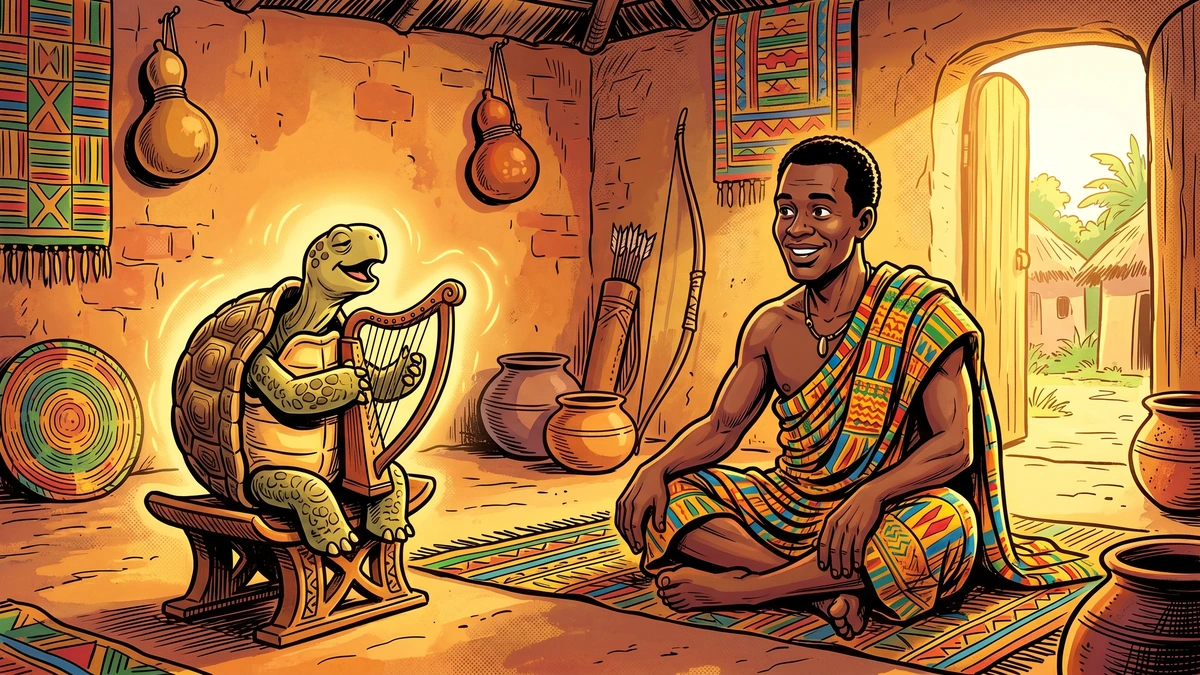 The singing tortoise playing her harp for the contented Akan hunter inside his village hut, West African folk tale, vibrant ACK style