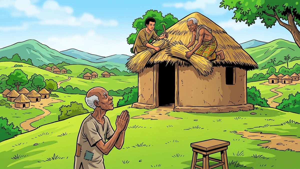 The young seeker and the Elder repair a poor man's thatched roof while he gives thanks, ACK-style folk-tale illustration.