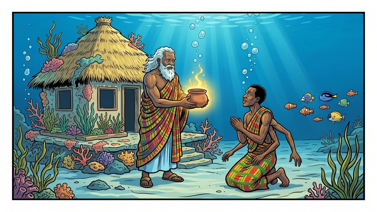 Thunder, an old man in an underwater cottage, hands a magic cooking-pot to a grateful Anansi in this Thunder and Anansi folk tale illustration.