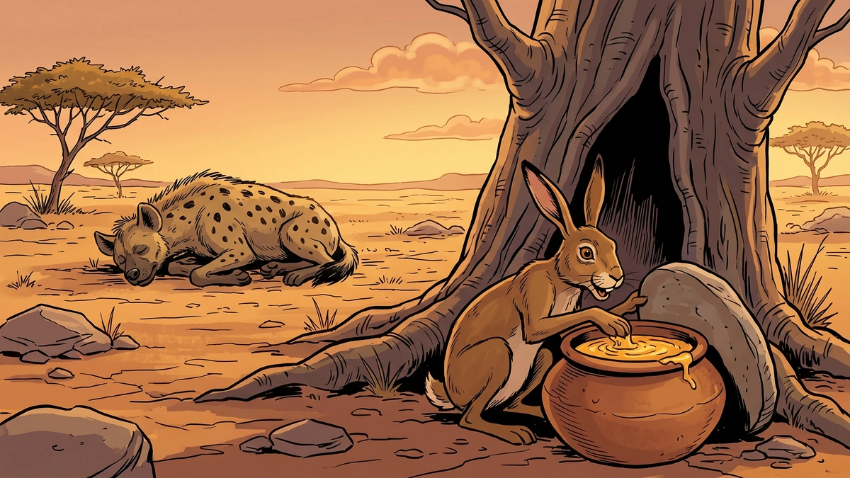 The hare secretly eats honey paste from a clay pot behind a hollow baobab while the hyena sleeps