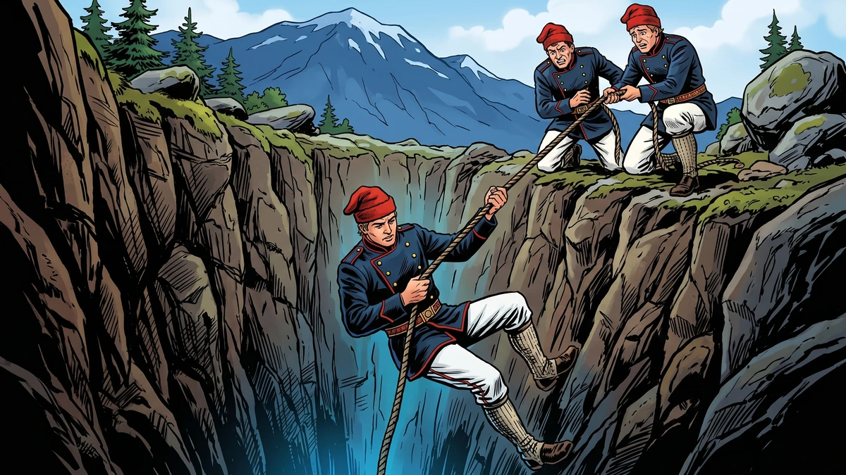 The soldier hero lowered on a long rope down a deep dark shaft into the Blue Mountain while two companions hold the rope above - Norwegian wonder-tale, ACK style