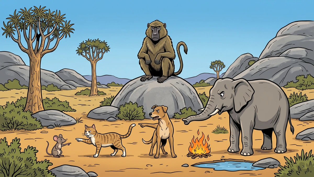 Summoned to the trial, the mouse, cat, dog, elephant and the elements each turn and point an accusing paw at the next.