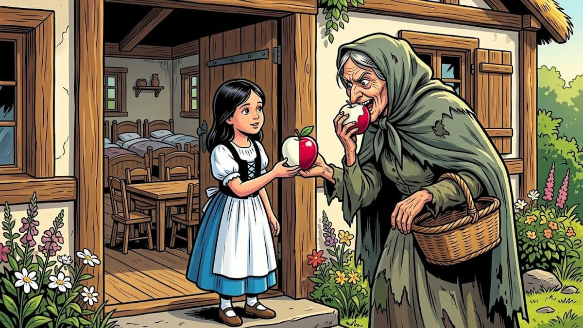 Snowdrop scene 3: the wicked queen disguised as an old peddler-woman offers the half-red half-white poisoned apple at the seven dwarfs' cottage door